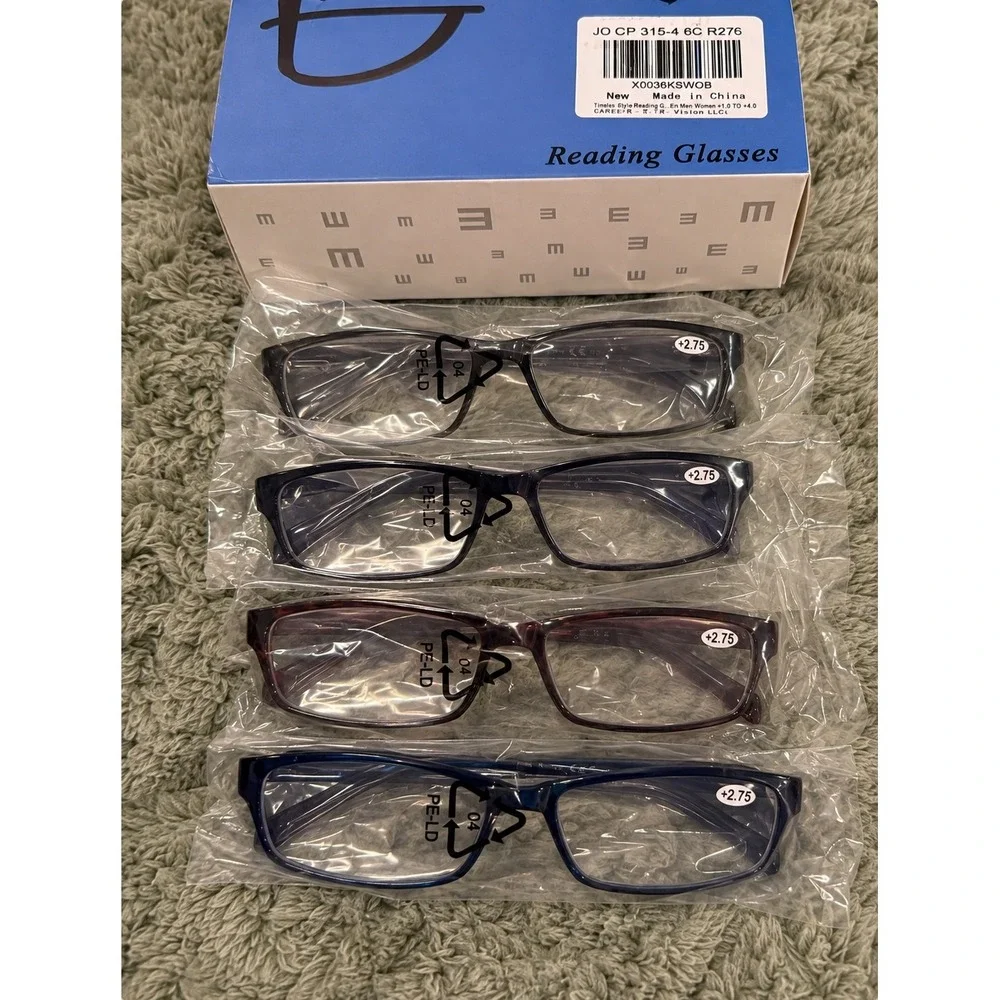 Reading Glasses 4 Pack +2.75 Rectangular Frames Burgundy Blue Brown Torty-shell